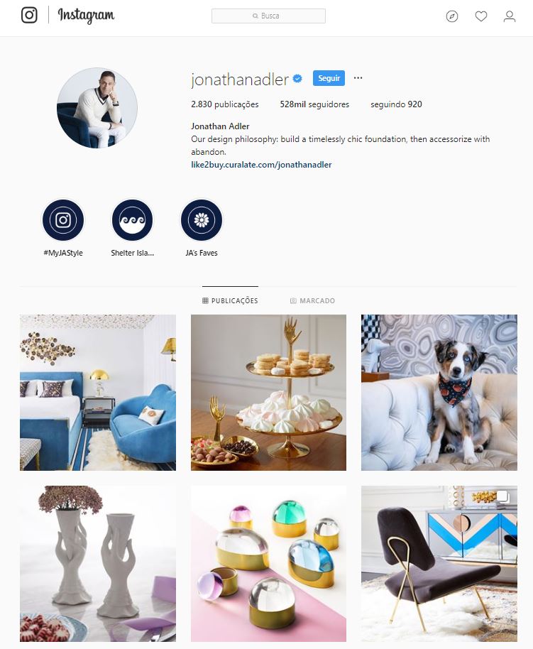 Instagram de design de interiores @jonathanadler