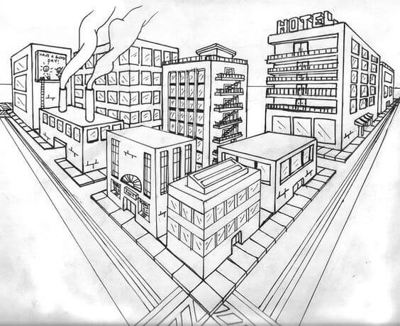 Ponto de fuga: desenho com dois pontos de fuga - cidade