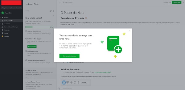 Evernote: tela de boas-vindas