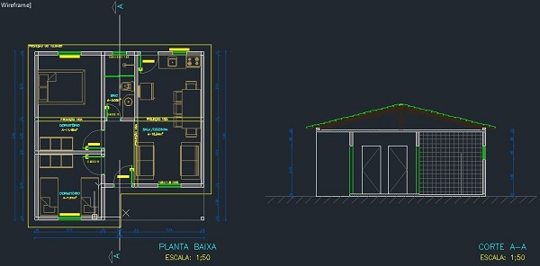 Planta baixa no Autocad com corte