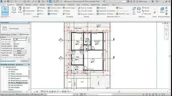 Planta baixa no Revit com indicação de corte