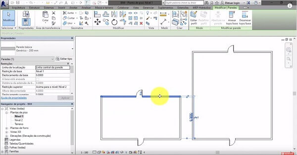 Revit planta BIM com parede arrastada