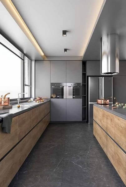 Porcelanato para cozinha: preto com madeira (fonte: revista Viva Decora)