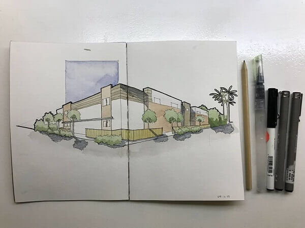 Desenhos de arquitetura: casa moderna desenhada com perspectiva (@afk_architecture)