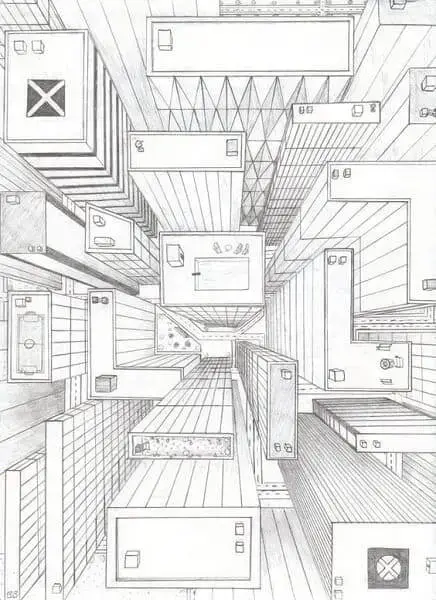 Desenhos de arquitetura: perspectiva cônica com um ponto de fuga