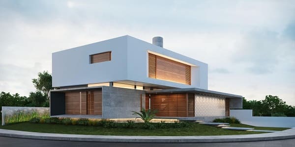 Casa quadrada: fachada branca com madeira (projeto: Martins Lucena)