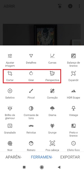 Snapseed: ferramentas cortar, girar e perspectiva