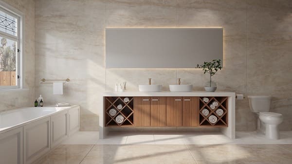 Dekton de tom neutro deixa banheiro elegante e aconchegante