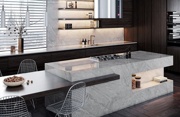 Dekton em bancada de cozinha com recorte na parte inferior (foto: Architonic)