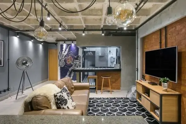 Laje nervurada em sala de estar com decoração industrial (foto: Habitíssimo)