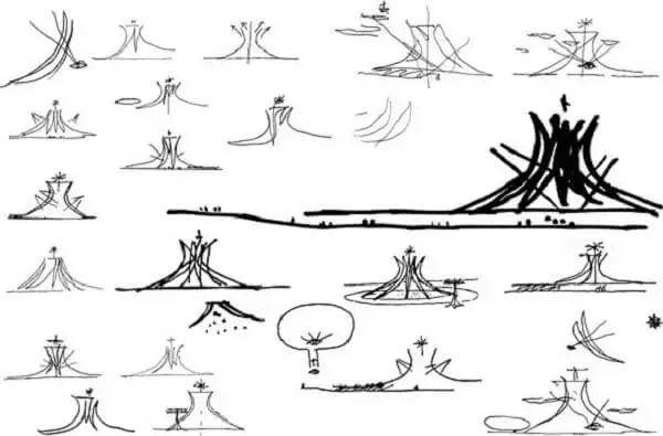 Partido arquitetônico: Oscar Niemeyer durante a construção da Catedral de Brasília faz uso do conceito do contraste entre o sagrado e profano. Fonte: Como Projetar