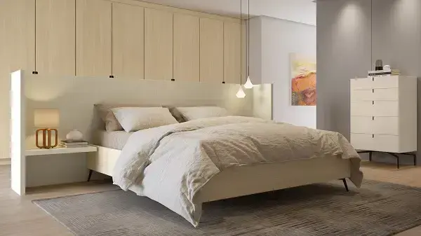 Quarto de casal com painel de madeira coleção Bolero, da Duratex