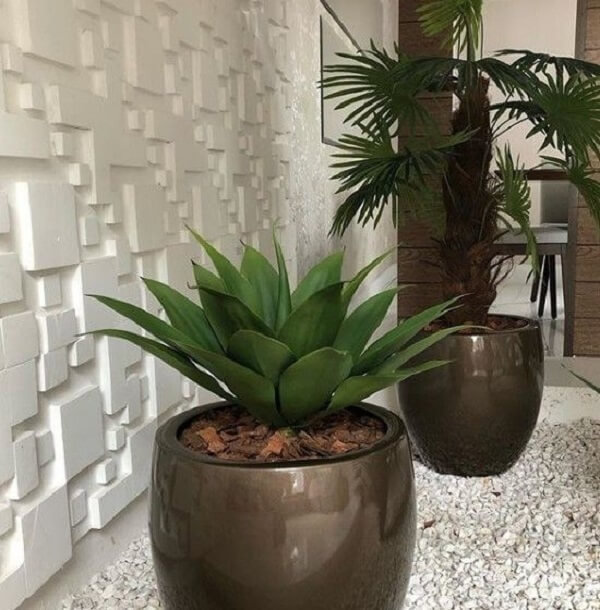 Parede com revestimento 3D e jardim de inverno simples com vasos