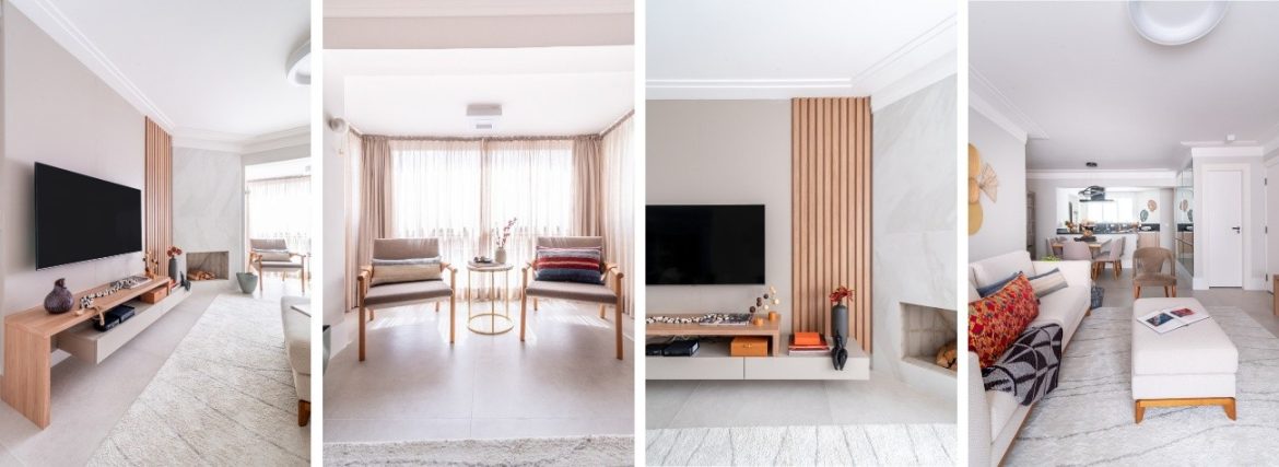 Projeto: Isabella Nalon, produção Coletivo Borogodo| Outros ângulos da sala revelam poltronas de canto, móveis e tapetes em tons claros, além do aconchego da madeira no painel ripado e no rack, valorizando o espaço da TV