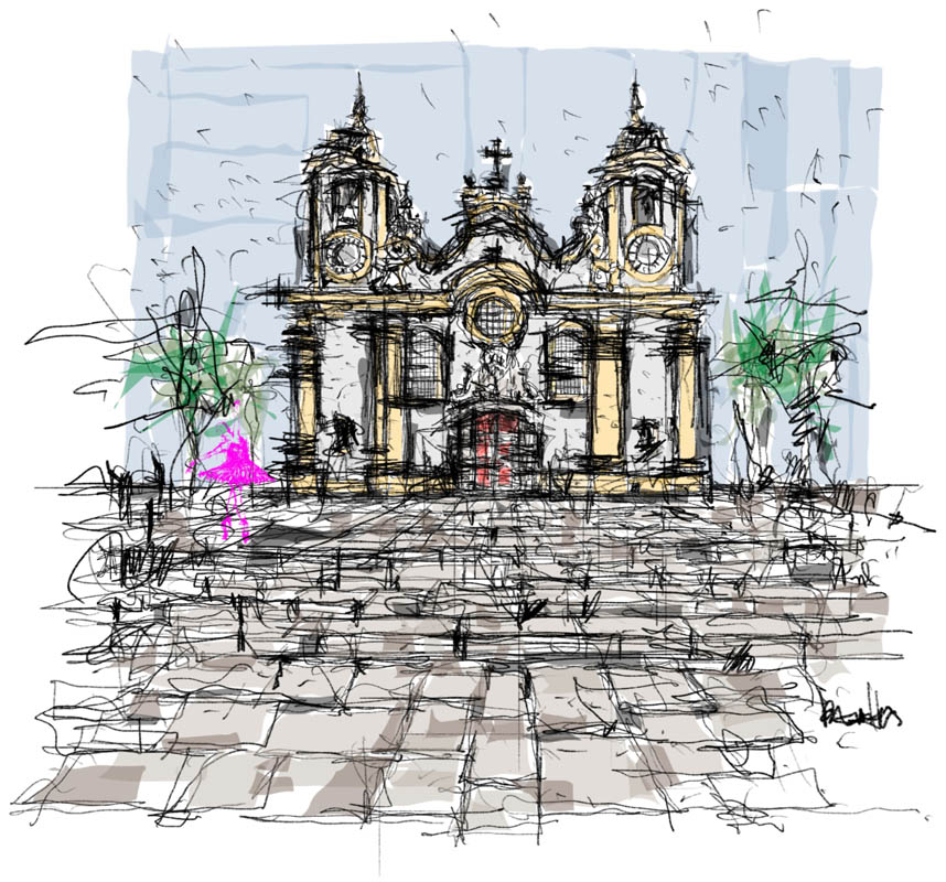 Igreja Matriz de Santo Antônio, considerada uma obra-prima do barroco mineiro e a mais antiga de Tiradentes. Abaixo, a foto realizada por Mariana Orsi e o desenho realizado por José Ricardo Basiches. Essa é uma das obras que compõem a exposição Ecos Tiradentes.