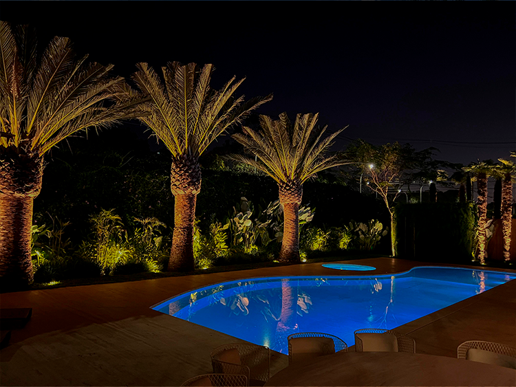 Projeto: MAAI Arquitetura |Mais um exemplo de jardim com vegetação tropical e palmeiras do tipo Canariense. A imagem noturna do projeto traz a visão da piscina iluminada, cenário ideal para festas e encontros especiais.