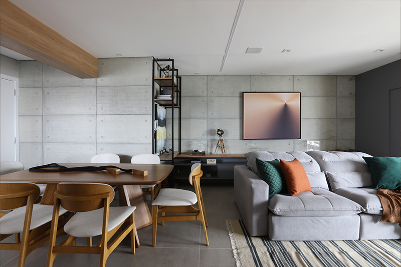 Projeto BMA Studio | Neste projeto, o arquiteto Bruno Moraes adotou as placas cimentícias que remetem ao concreto estampado pelas formas 