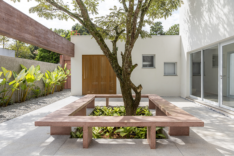 No coração da casa projetada pelo arquiteto Raphael Wittmann, uma imponente árvore Jacarandá dá forma ao pátio central, em torno do qual toda a residência se organiza