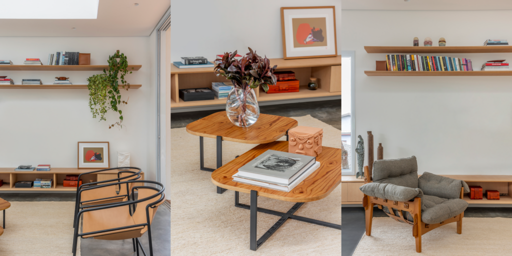 Poltronas vendidas na Dpot, de Fernando Prado, e a Poltrona Mole, de Sérgio Rodrigues são destaque na sala de estar assinada pelo arquiteto Raphael Wittmann 