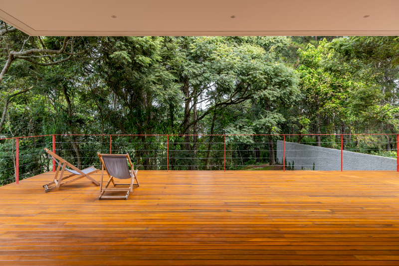 Árvores nativas, mantidas em seu estado original, reforçam o caráter ambiental e natural nas áreas externas que integram o projeto realizado pelo arquiteto Raphael Wittmann