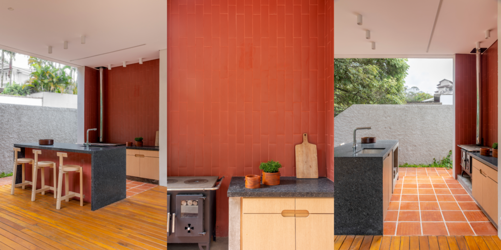 Mais uma vez, as banquetas Girafa, de Lina Bo Bardi, aparecem e demonstram uma conexão direta com a arquitetura paulista