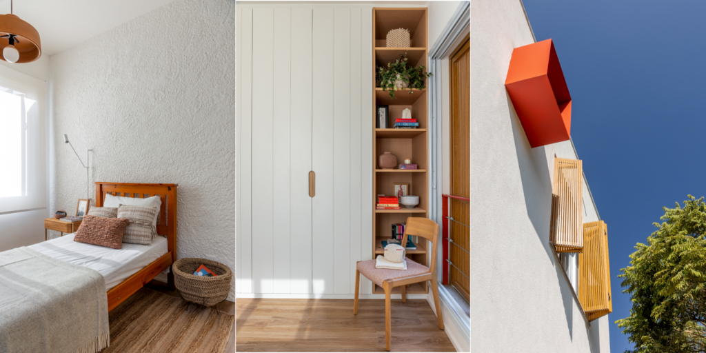 As janelas do projeto são resguardadas por muxarabis basculantes que filtram a luz e concedem um jogo de sombras 